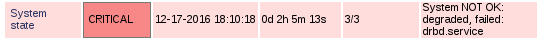 Sample output screenshot: System NOT OK: degraded, failed: drbd.service