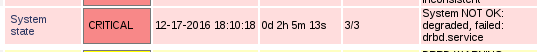Sample output screenshot: System NOT OK: degraded, failed: drbd.service