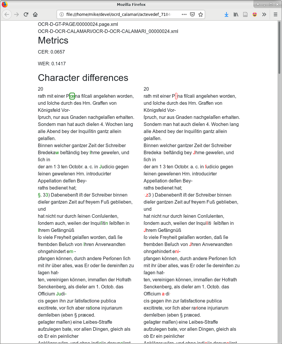 dinglehopper displaying metrics and character differences