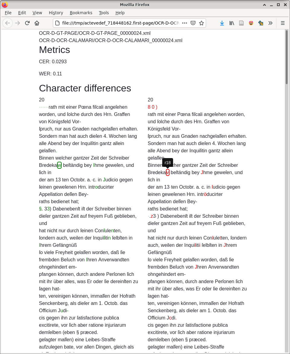 dinglehopper displaying metrics and character differences